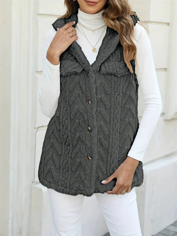 Women’s Hooded Vest – Fuzzy Knit – Relaxed Fit – Button Front – Casual Layering