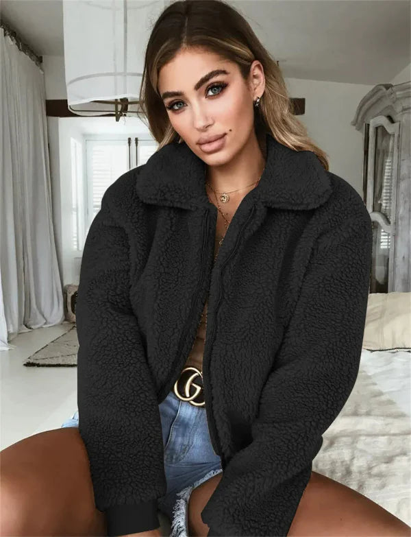 Women’s Cropped Jacket – Fleece Fabric – Relaxed Fit – Zip Front – Turn-Down Collar
