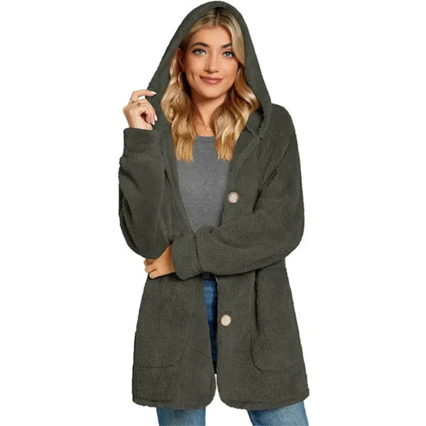 Women’s Hooded Cardigan – Plush Furry Fabric – Oversized Fit – Button Front – Pockets
