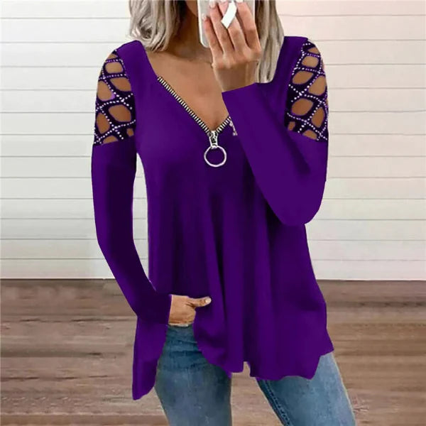 Women’s Casual Top – V-Neck with Zipper – Rhinestone Sleeve Cut-Outs – Relaxed Fit