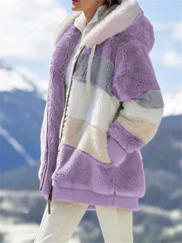 Women’s Hooded Jacket – Oversized Fit – Plush Faux Fur – Zip Front – Ribbed Cuffs