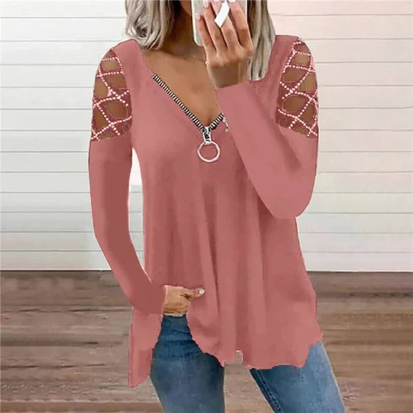 Women’s Casual Top – V-Neck with Zipper – Rhinestone Sleeve Cut-Outs – Relaxed Fit