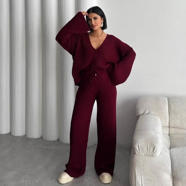 Women’s Two-Piece Loungewear Set – Knitted Ribbed – Oversized Top – Button Front – Full-Length Pants