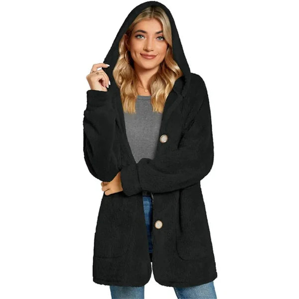 Women’s Hooded Cardigan – Plush Furry Fabric – Oversized Fit – Button Front – Pockets