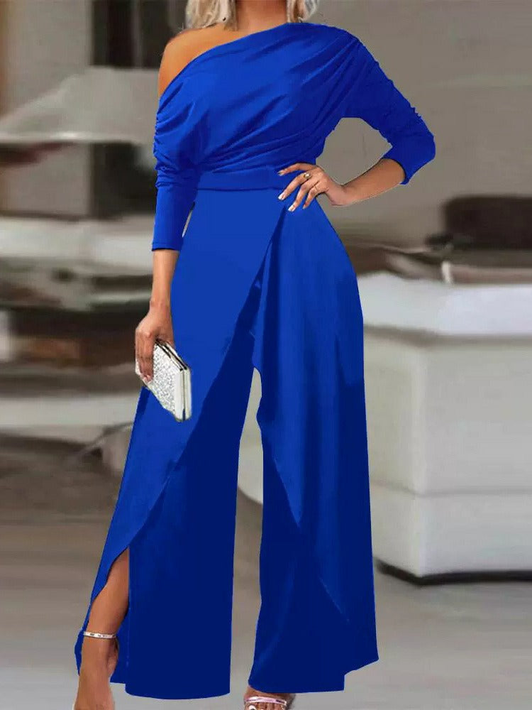 Women's One-Shoulder Jumpsuit - Draped Fit - Wide-Leg Elegant Evening Wear
