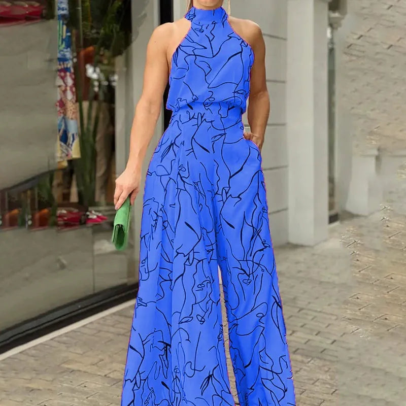 Women’s Jumpsuit – Halter Neck – Abstract Print – Wide Leg