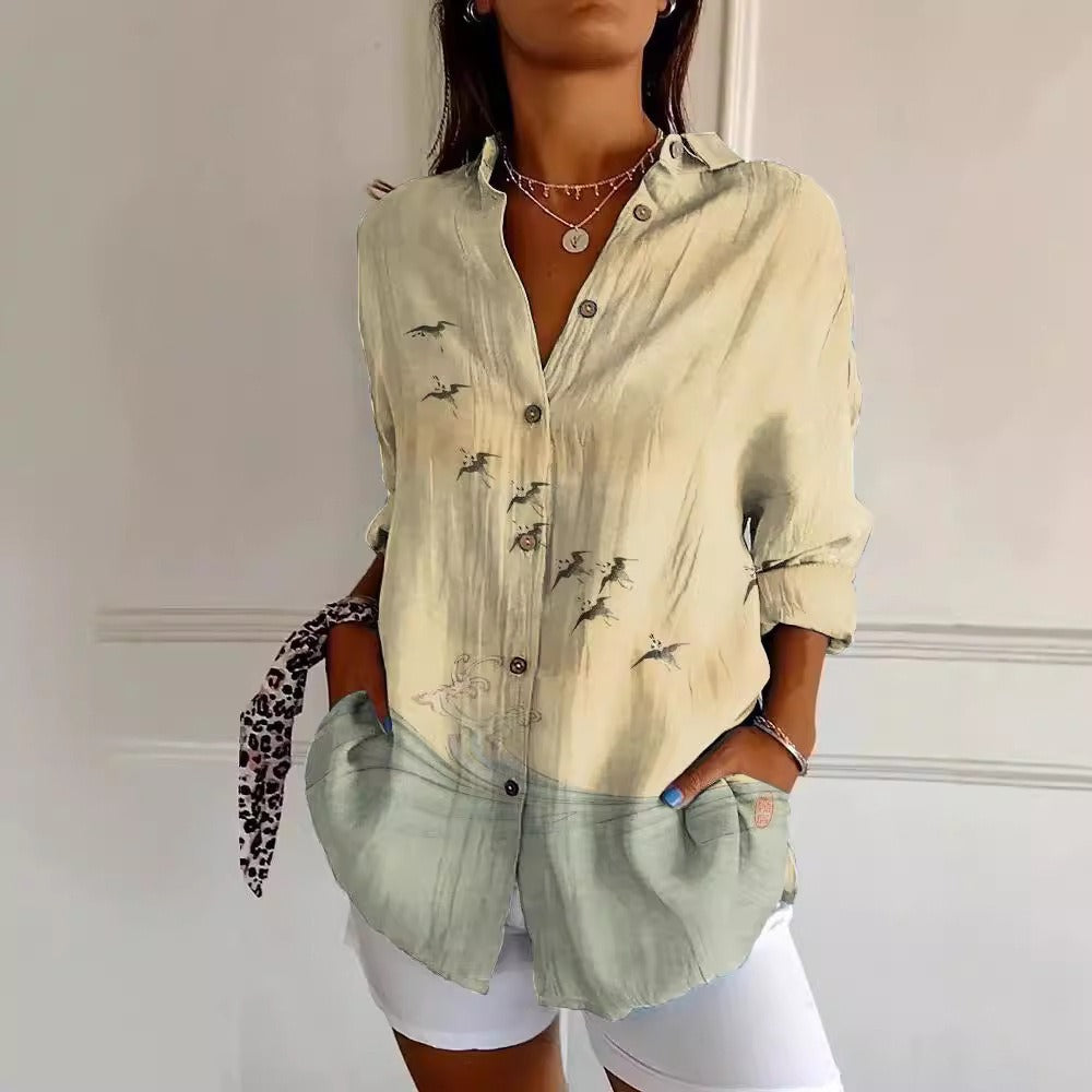 Women's Button-Up Blouse - Relaxed Fit - 3/4 Sleeve - Patchwork Floral Print