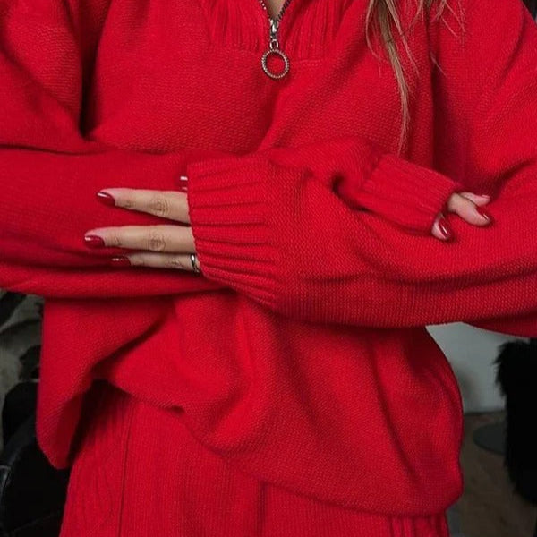 Women’s Two-Piece Loungewear Set – Soft Knit – Oversized Fit – Quarter-Zip Top – Ribbed Trim