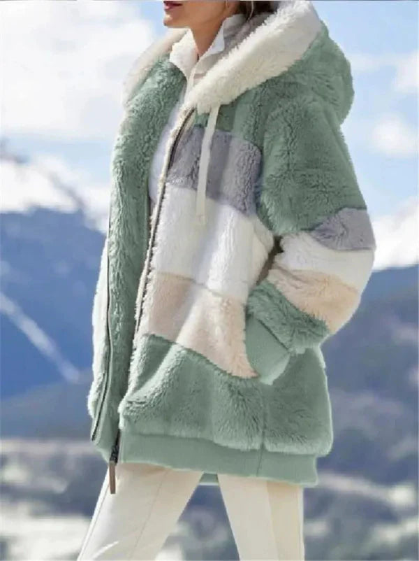 Women’s Hooded Jacket – Oversized Fit – Plush Faux Fur – Zip Front – Ribbed Cuffs