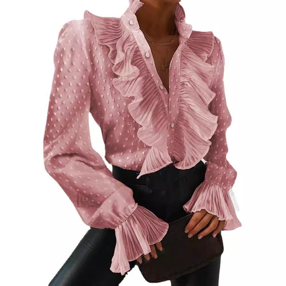Women's Blouse - Ruffled Front - Fitted Waist - Long Sleeve Button-Up Denim