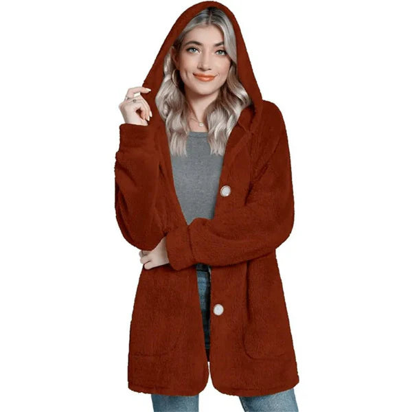 Women’s Hooded Cardigan – Plush Furry Fabric – Oversized Fit – Button Front – Pockets