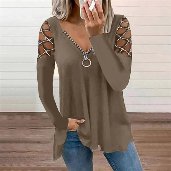 Women’s Casual Top – V-Neck with Zipper – Rhinestone Sleeve Cut-Outs – Relaxed Fit