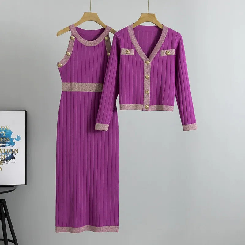 Women’s Two-Piece Knit Set – Slim Fit Midi Dress – Cropped Cardigan – Metallic Trim