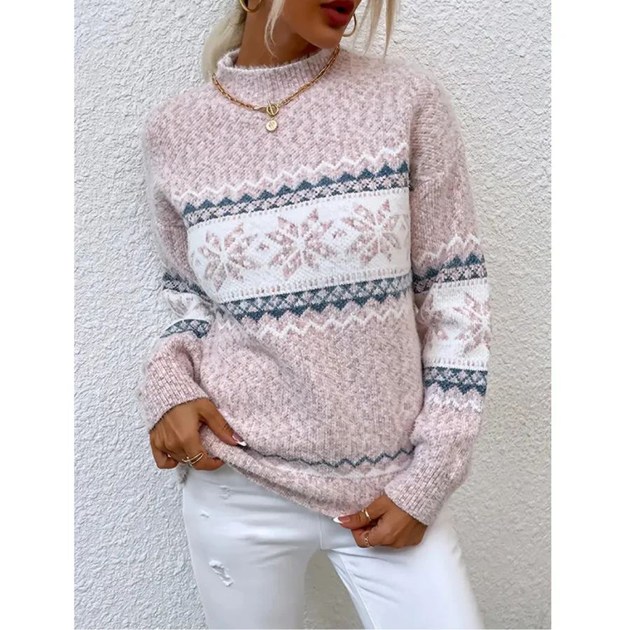 Women’s Pullover Sweater – Wool Blend Knit – Relaxed Fit – Crew Neck – Patterned Design