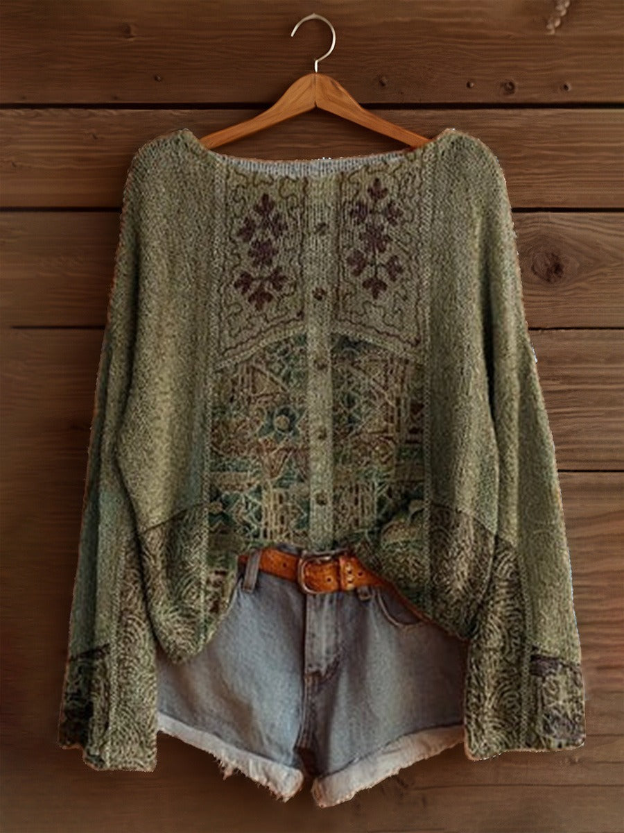 Women’s Sweatshirt - Knit - Oversized Relaxed Fit - Wide Round Neck - Long Bell Sleeves
