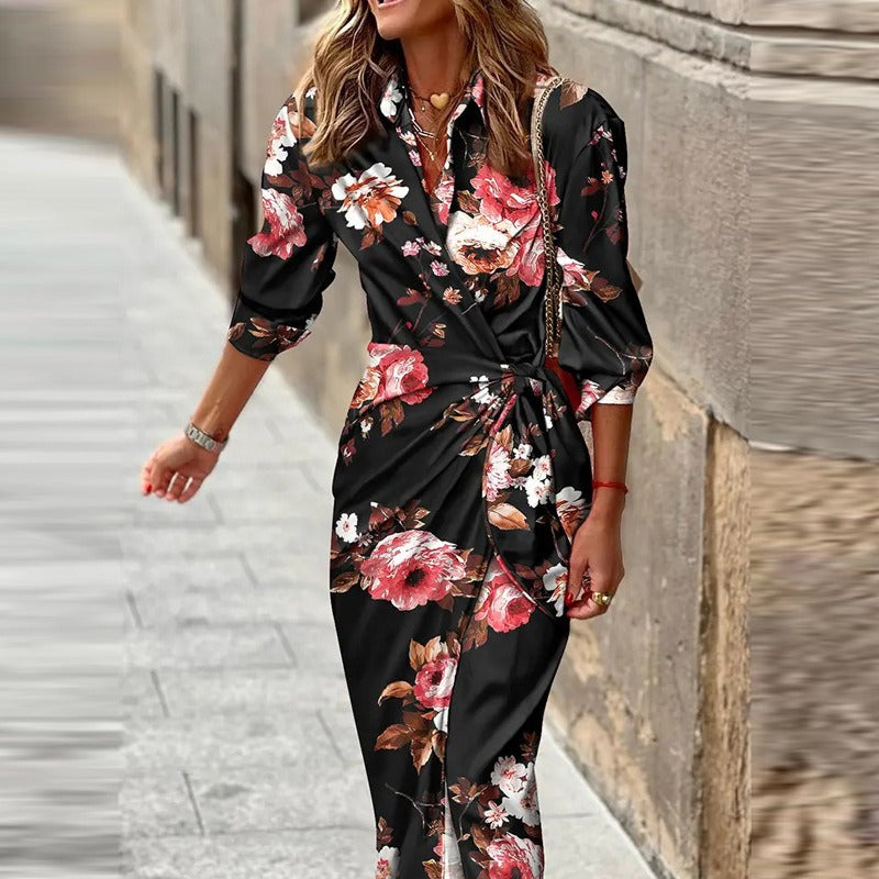 Women's Wrap Dress - Long Sleeve Collared - Floral Print - Waist Tie Elegant Fit
