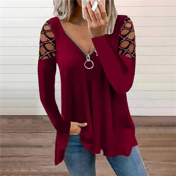 Women’s Casual Top – V-Neck with Zipper – Rhinestone Sleeve Cut-Outs – Relaxed Fit