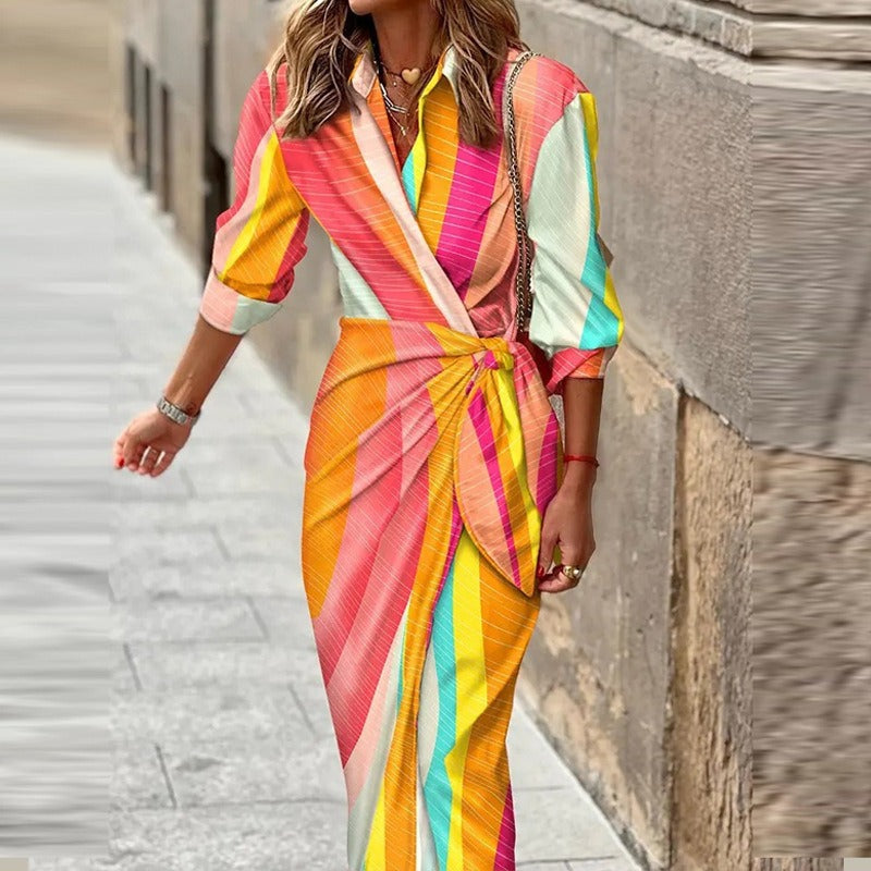 Women's Wrap Dress - Long Sleeve Collared - Floral Print - Waist Tie Elegant Fit