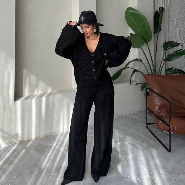 Women’s Two-Piece Loungewear Set – Knitted Ribbed – Oversized Top – Button Front – Full-Length Pants