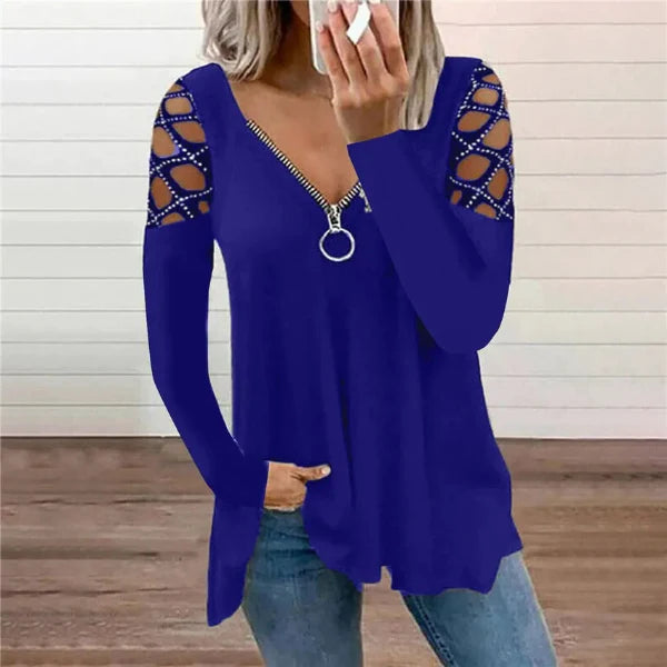 Women’s Casual Top – V-Neck with Zipper – Rhinestone Sleeve Cut-Outs – Relaxed Fit