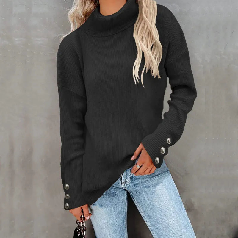 Women’s Turtleneck Sweater – Ribbed Knit – Oversized Fit – Button Cuff Sleeves
