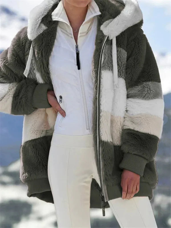 Women’s Hooded Jacket – Oversized Fit – Plush Faux Fur – Zip Front – Ribbed Cuffs