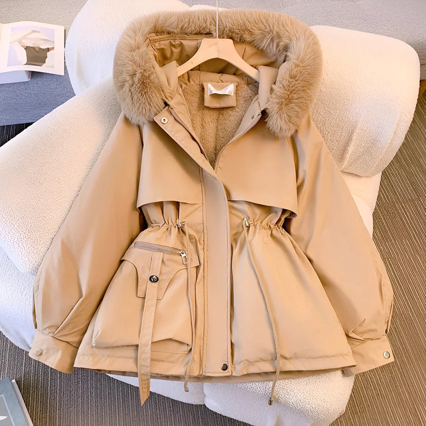 Women’s Mid-Length Coat – Fur-Lined Hood – Cinched Waist – Puff Sleeves – Snap Cuffs