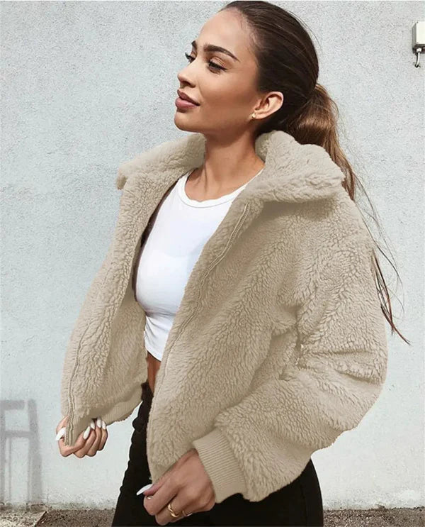 Women’s Cropped Jacket – Fleece Fabric – Relaxed Fit – Zip Front – Turn-Down Collar