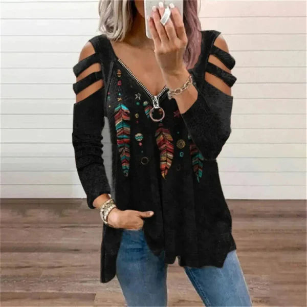 Women’s Pullover Top – Relaxed Fit – Zipper Neckline – Cold Shoulder – Printed Design