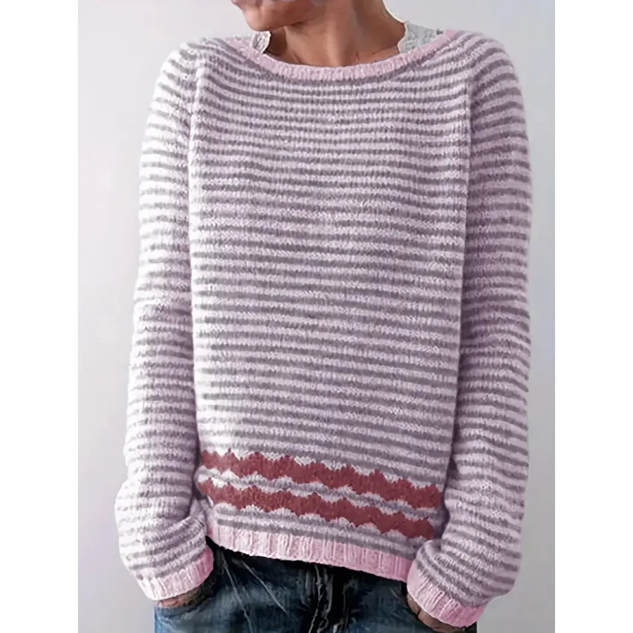 Women’s Pullover Sweater – Wool Knit – Relaxed Fit – Ribbed Hem Long Sleeve Striped