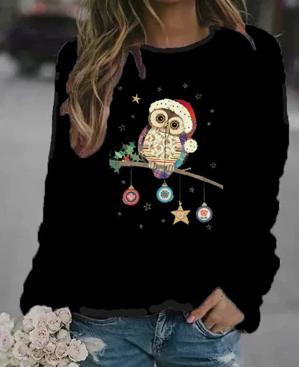 Women’s Sweatshirt – Relaxed Fit – Cotton Blend – Long Sleeve – Festive Owl Print