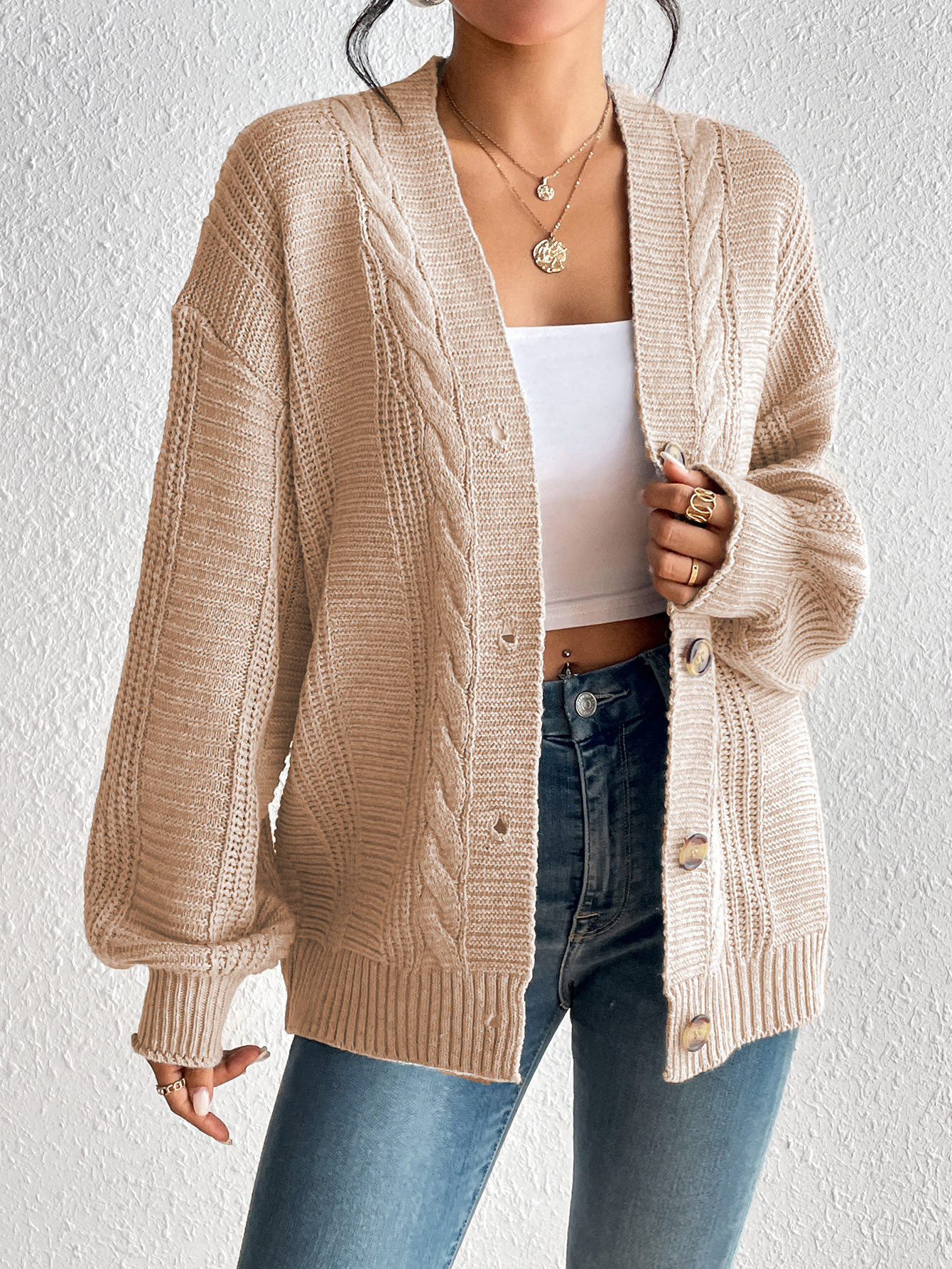 Women’s Cardigan Jacket – Wool Knit – Oversized Fit – Cable Pattern – Button Front