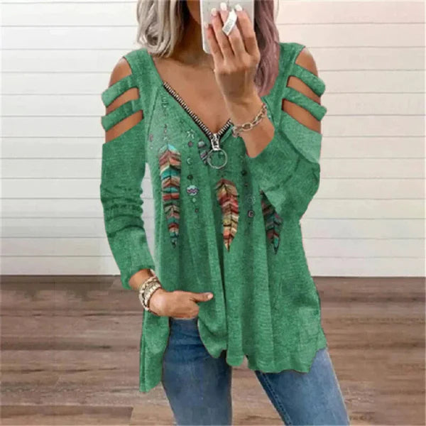 Women’s Pullover Top – Relaxed Fit – Zipper Neckline – Cold Shoulder – Printed Design