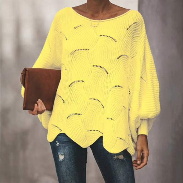 Women’s Knit Sweater – Relaxed Fit – Batwing Sleeves – Scalloped Hem – Wool Blend