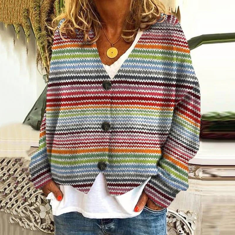 Women’s Cardigan – Knitted Relaxed Fit – Wave Pattern – Button Front – Hip Length