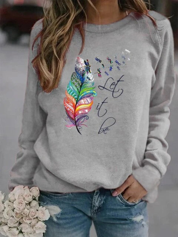 Women’s Pullover – Relaxed Fit – Cotton Blend – Feather Print – Long Sleeve Casual Wear