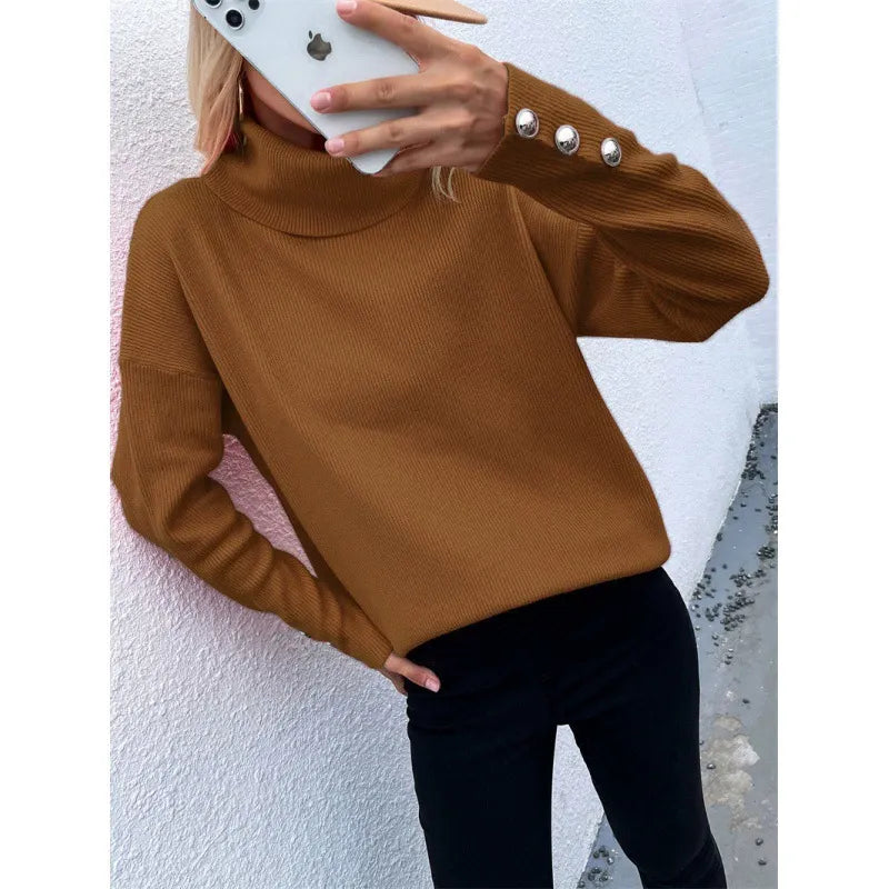 Women’s Turtleneck Sweater – Ribbed Knit – Oversized Fit – Button Cuff Sleeves