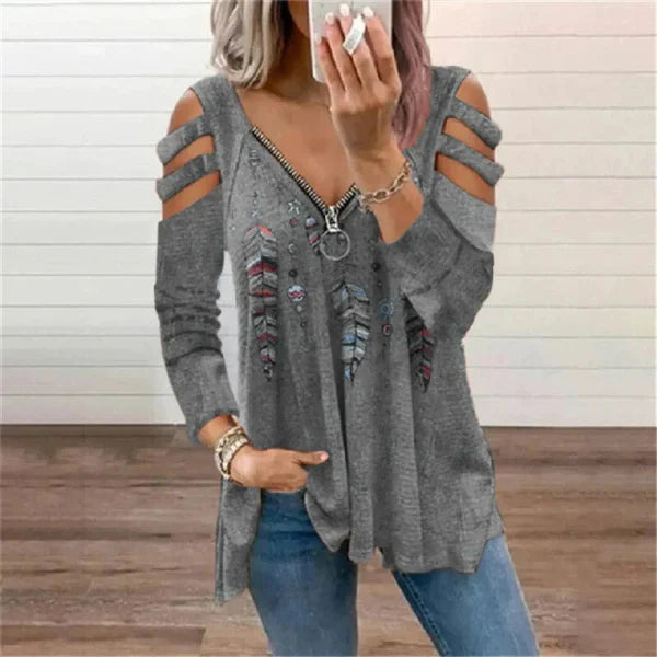 Women’s Pullover Top – Relaxed Fit – Zipper Neckline – Cold Shoulder – Printed Design