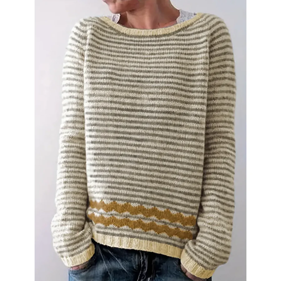 Women’s Pullover Sweater – Wool Knit – Relaxed Fit – Ribbed Hem Long Sleeve Striped