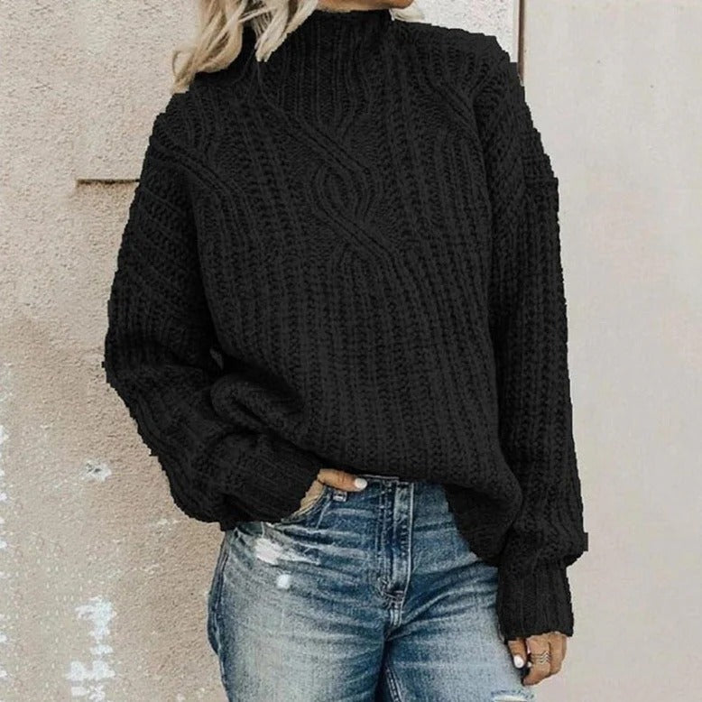 Women’s Pullover Sweater – Relaxed Fit – Wool Feel – Chunky Cable Knit – High Neck