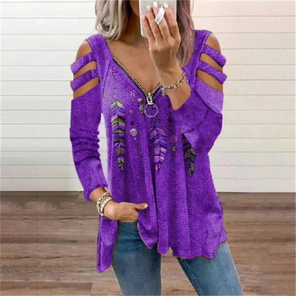 Women’s Pullover Top – Relaxed Fit – Zipper Neckline – Cold Shoulder – Printed Design
