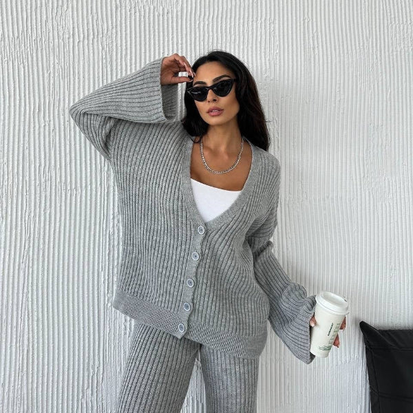 Women’s Two-Piece Loungewear Set – Knitted Ribbed – Oversized Top – Button Front – Full-Length Pants