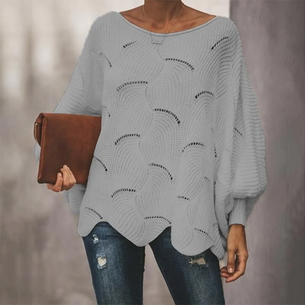 Women’s Knit Sweater – Relaxed Fit – Batwing Sleeves – Scalloped Hem – Wool Blend