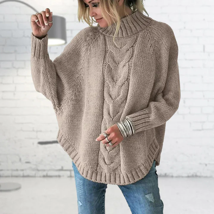 Women’s Knitted Pullover – Wool Blend – Oversized Fit – Cable Knit Turtleneck