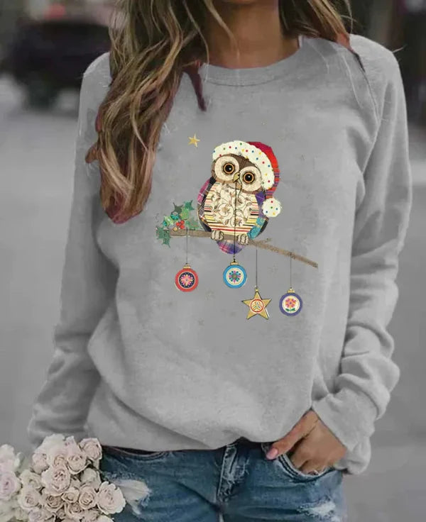 Women’s Sweatshirt – Relaxed Fit – Cotton Blend – Long Sleeve – Festive Owl Print