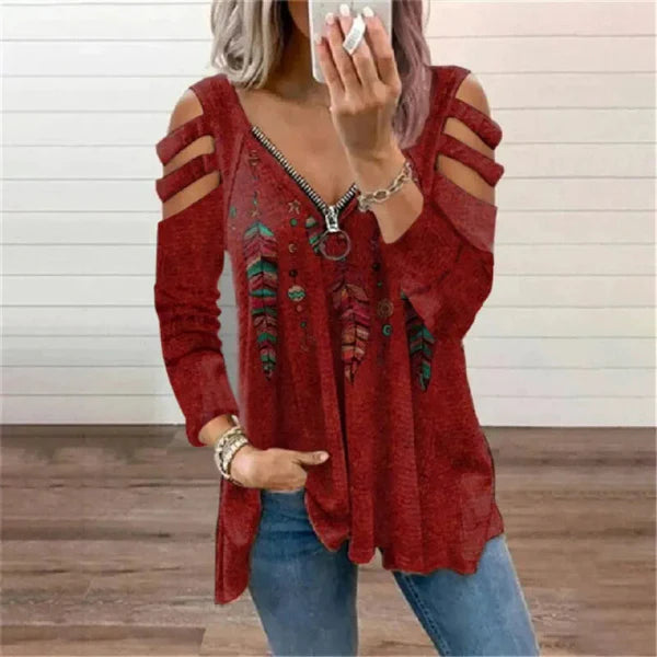 Women’s Pullover Top – Relaxed Fit – Zipper Neckline – Cold Shoulder – Printed Design