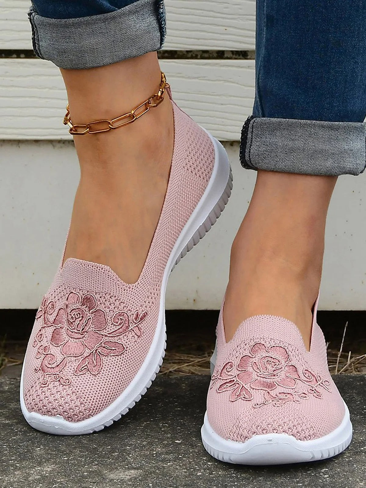 Women’s Slip-On Sneakers – Soft Knit – Floral Embroidery – Cushioned Casual Fit