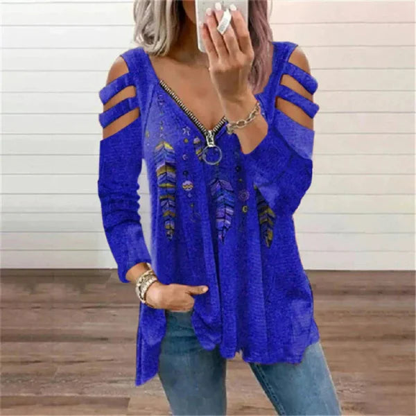 Women’s Pullover Top – Relaxed Fit – Zipper Neckline – Cold Shoulder – Printed Design