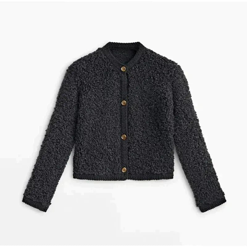 Women’s Teddy Coat – Relaxed Fit – Faux Shearling – Button-Up – Crew Neck – Hip Length
