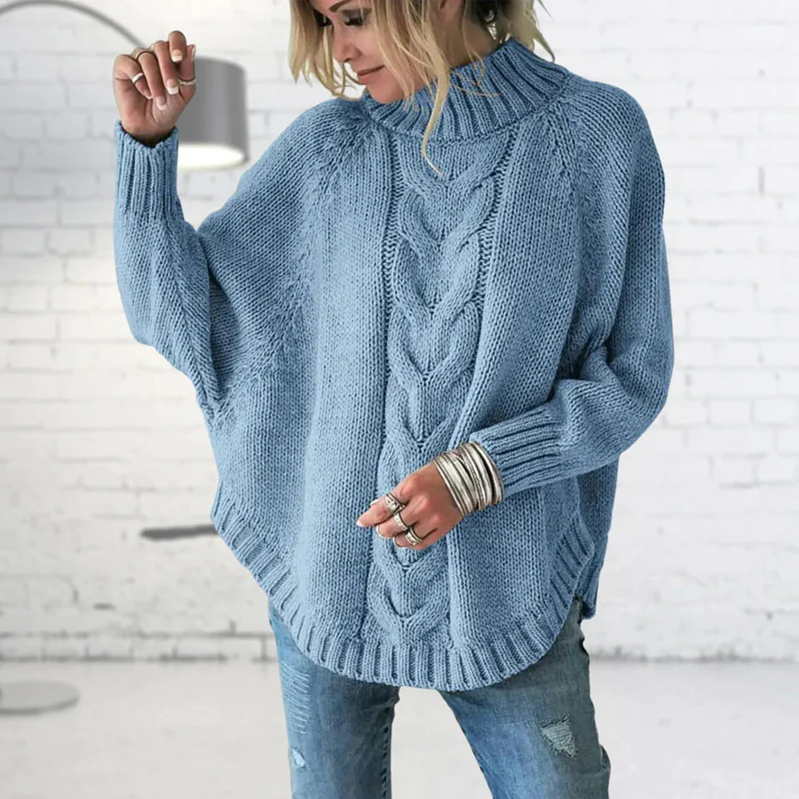 Women’s Knitted Pullover – Wool Blend – Oversized Fit – Cable Knit Turtleneck